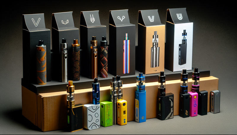 Variety of vape products with corresponding cart boxes