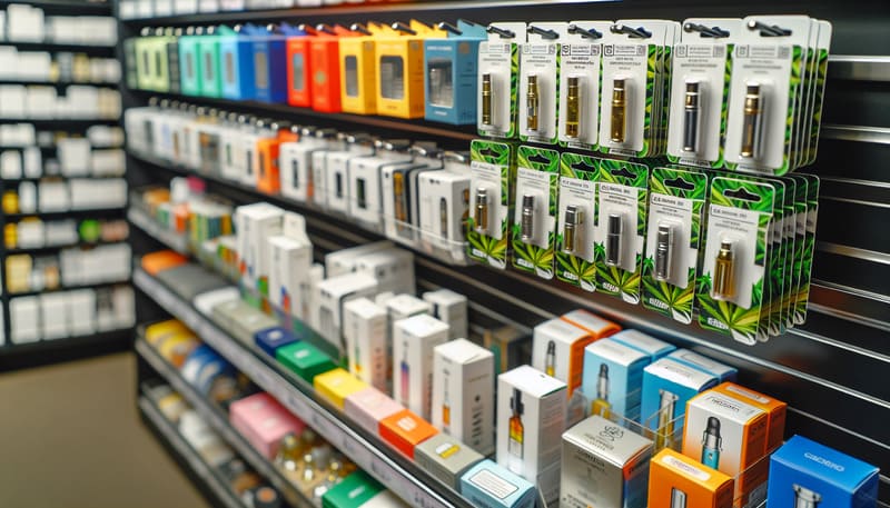 Various THC disposable packaging options displayed on a shelf-MY packaging
