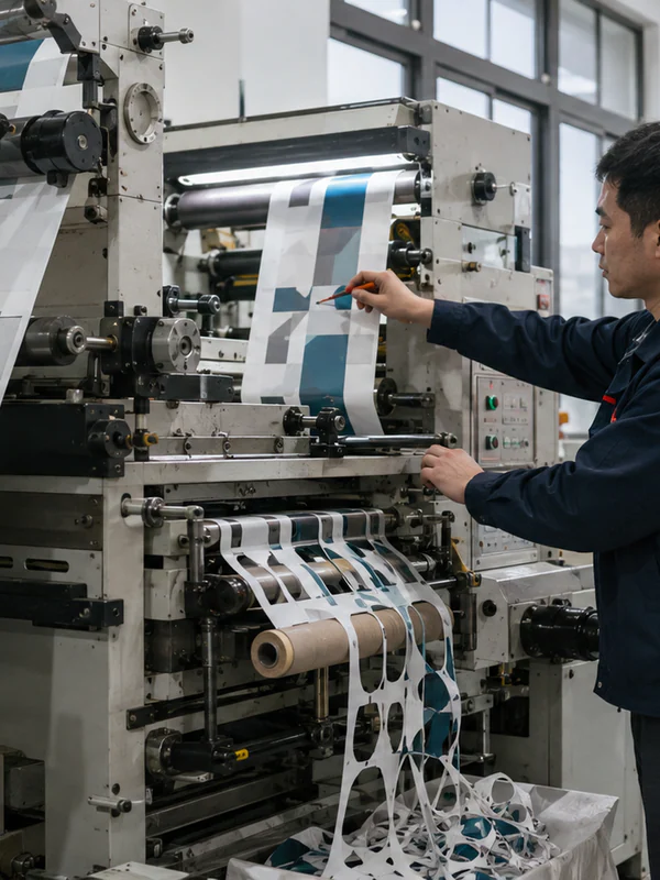 Industrial roll printing machine producing branded packaging labels