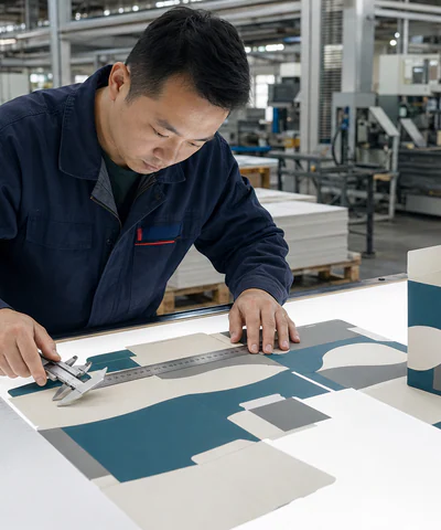 Quality inspector reviewing printed paperboard sheets