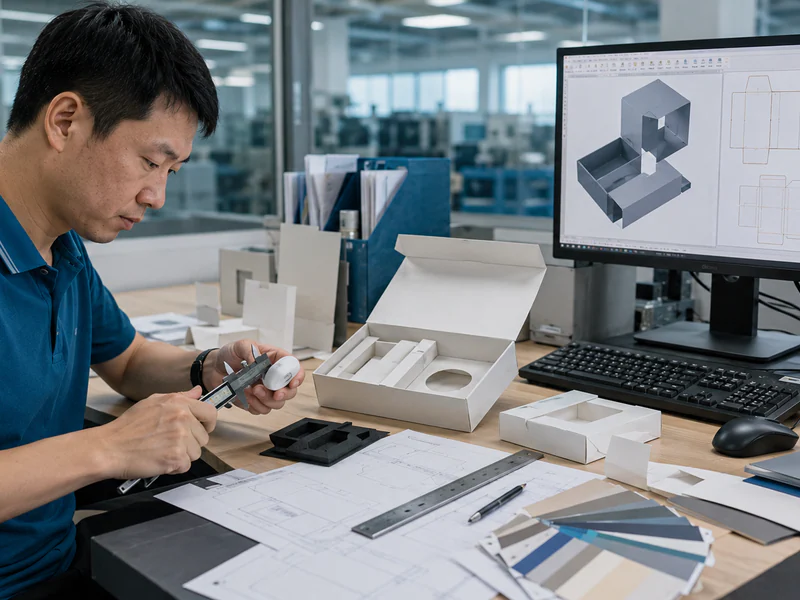 Packaging engineer measuring product dimensions