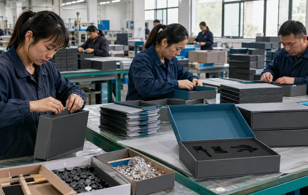Team members carefully folding and packing finished rigid boxes