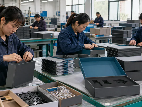 Workers assembling rigid boxes at a production line