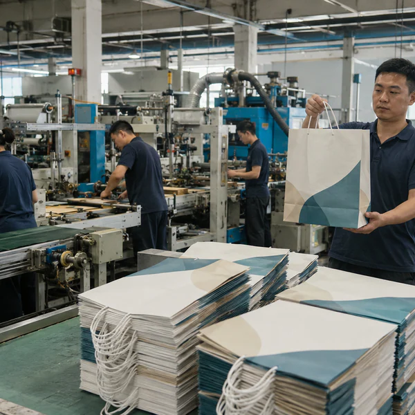 Factory operator carefully attaching rope handles and reinforcing the top fold