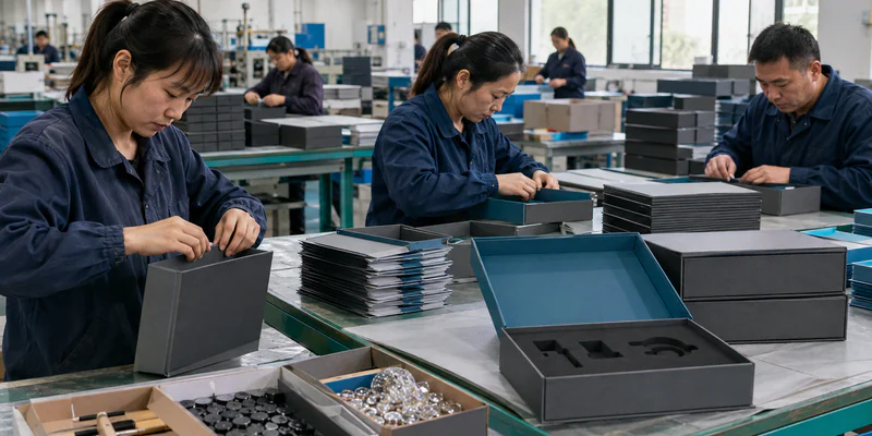 Workers hand assembling premium rigid boxes