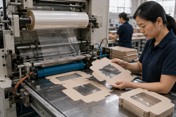 Window patching machine applying clear film to bakery boxes