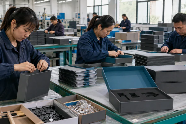 Workers assembling rigid boxes on a production line