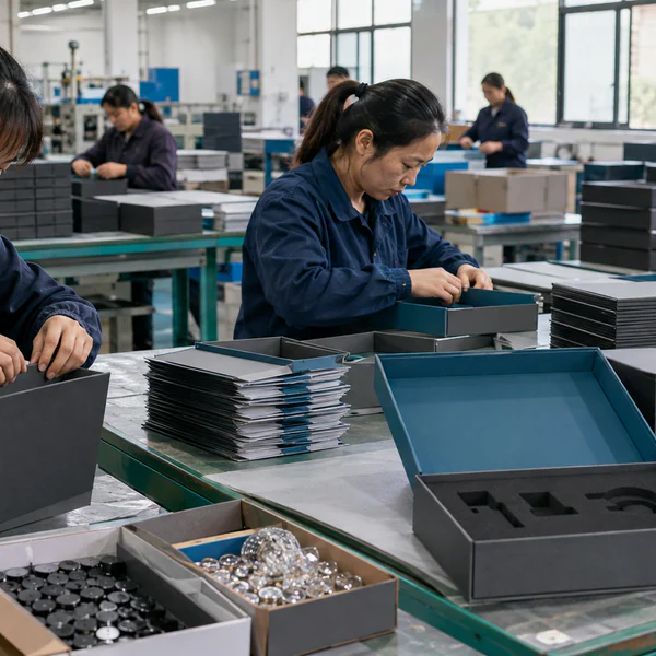 Workers assembling rigid boxes and fitting inserts