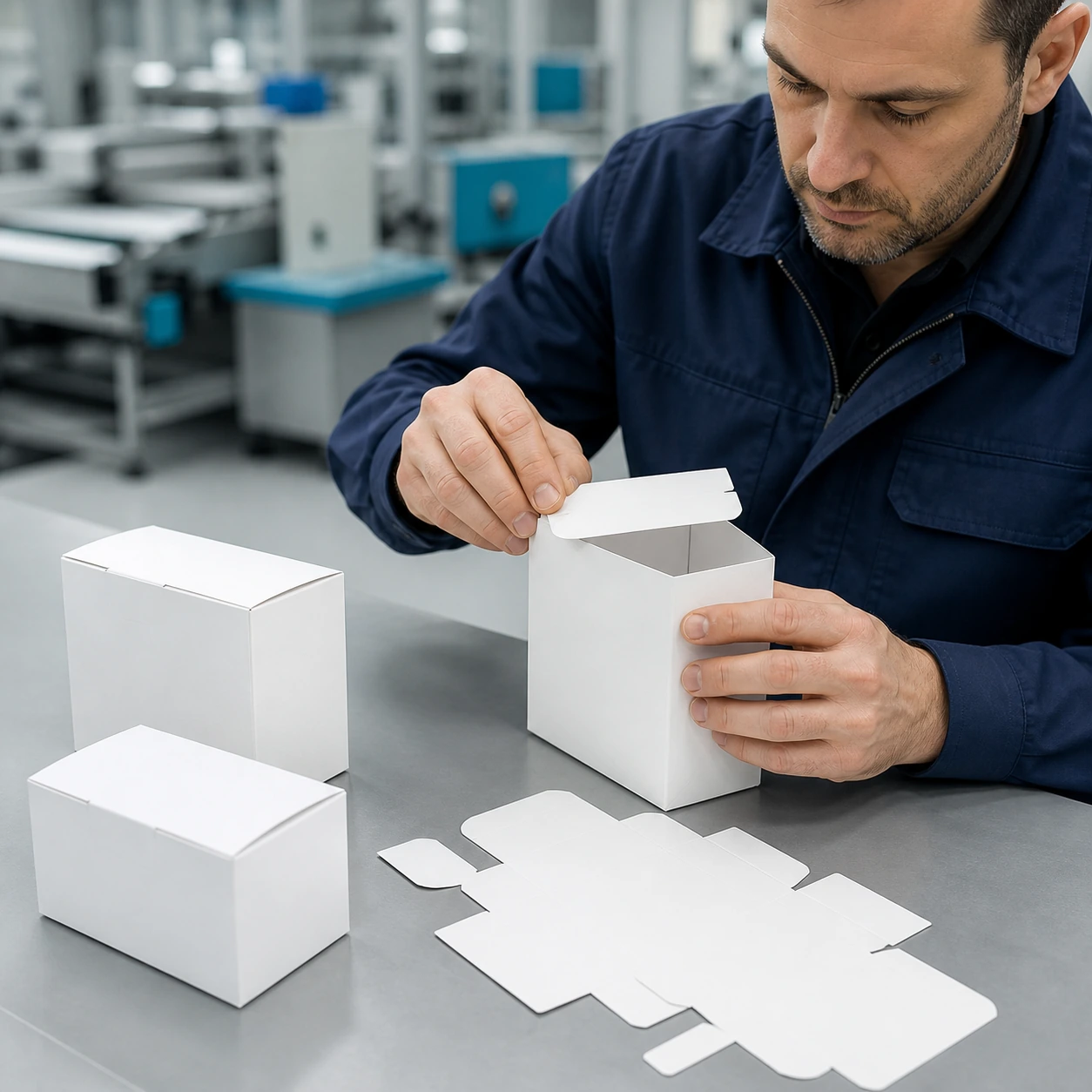 Factory worker inspecting printed flat sheets before folding