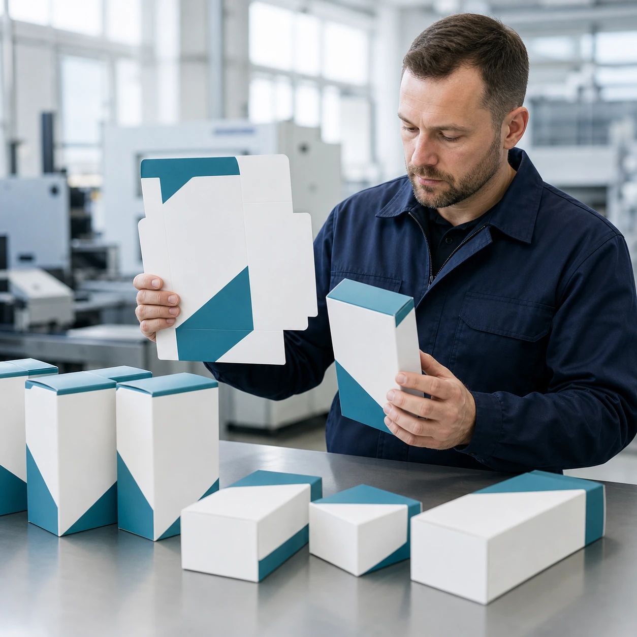Quality inspector checking box dimensions with a metal ruler