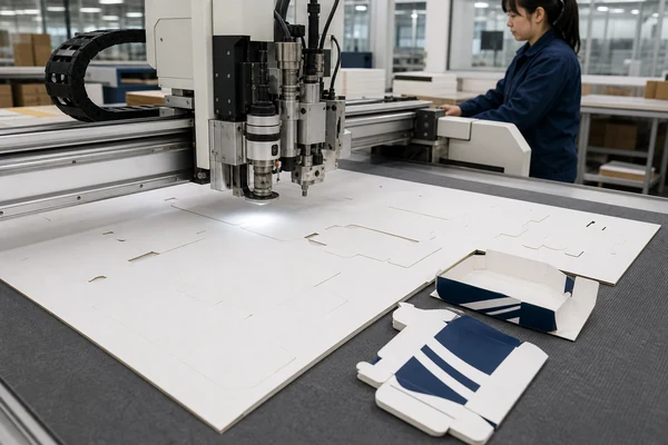 Operator comparing printed sheets under controlled lighting
