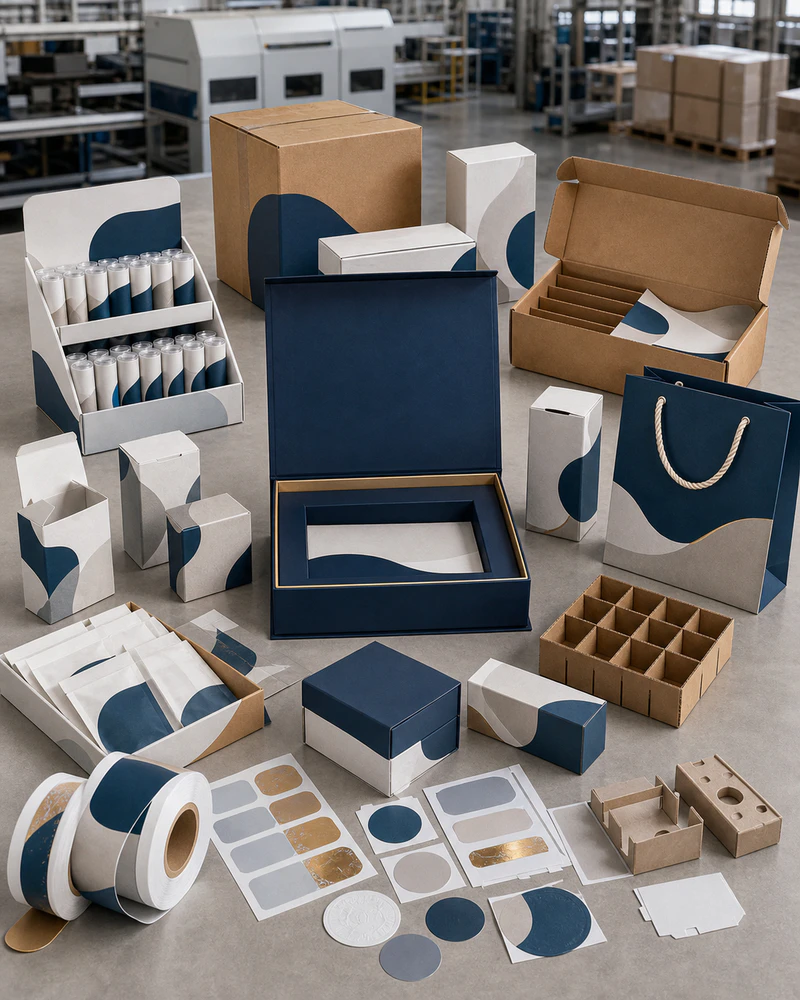 Paper packaging production line operator inspecting finished boxes