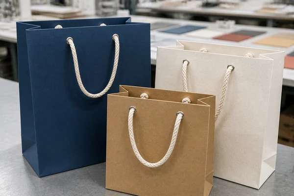 Close up of cotton rope handles inserted through metal eyelets on a paper bag