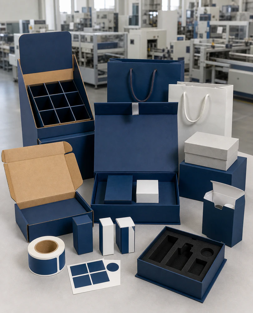 Wide view of MY Packaging factory floor showing clean paper packaging production lines