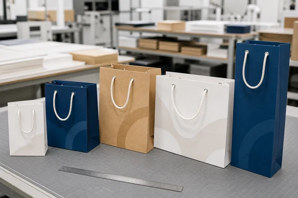Various sizes of paper bags lined up showing different height and gusset proportions