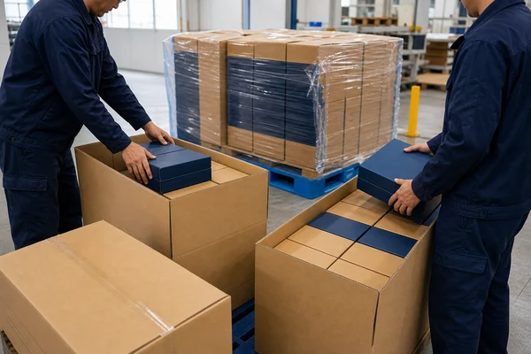 Factory operator inspecting die-cut sheets