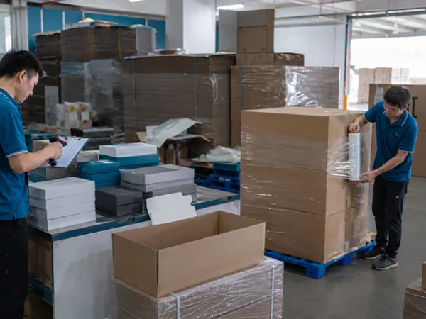 Finished packaging boxes packed for export shipping