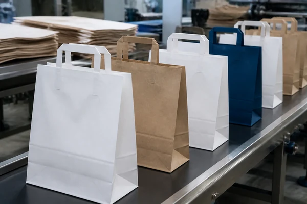 Paper bag featuring folded flat paper handles attached to the interior