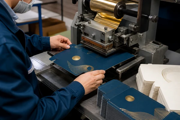 Hot foil stamping machinery detailing luxury packaging