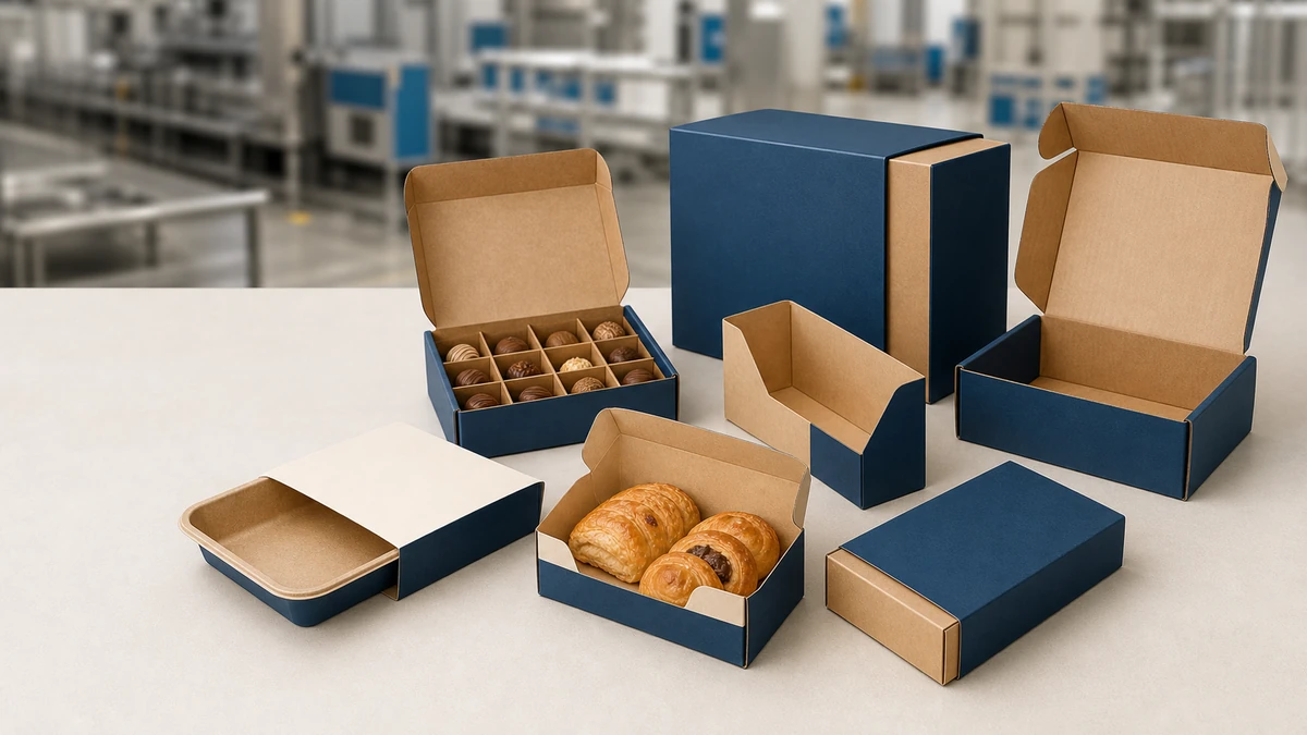 Finished custom printed food packaging box on inspection table
