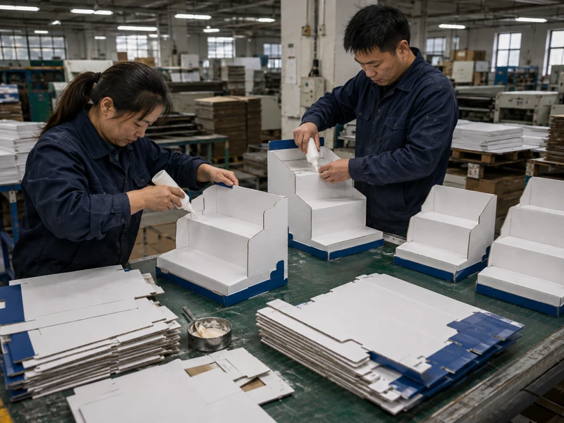 Hand assembly and gluing for display packaging