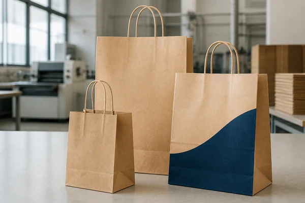 Stack of natural brown kraft paper bags with twisted handles