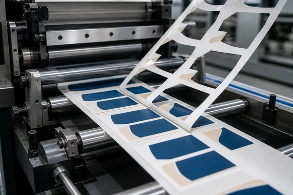 Die cutting station removing waste matrix from the label roll
