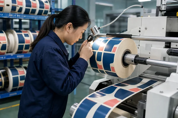 Quality inspection and rewinding of finished label rolls