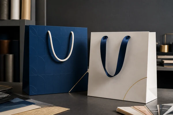Premium rigid paper bag with ribbon handles and foil logo