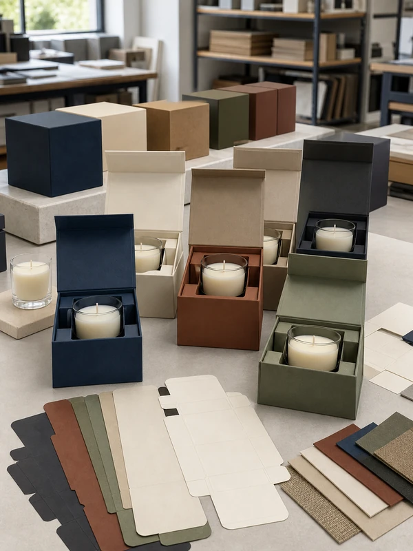 Multiple variations of candle packaging showing different scents