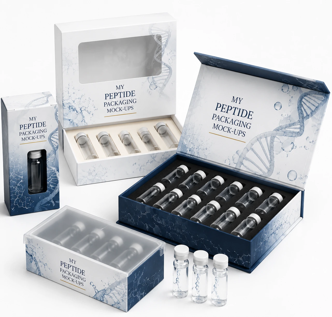 Clean packaging design desk with structural samples and technical drawings