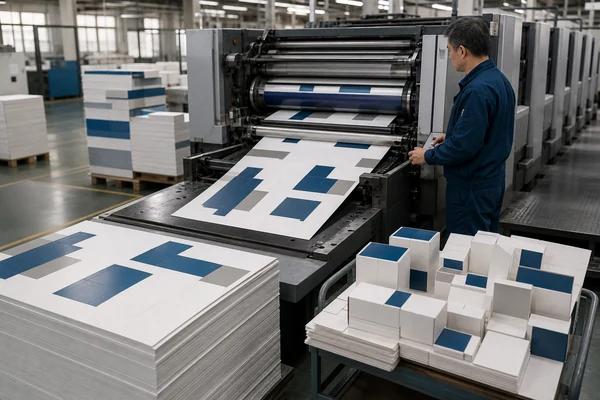Offset printing press applying ink to candle box sheets