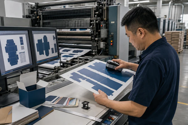 Press operator checking ink density on a freshly printed paper sheet
