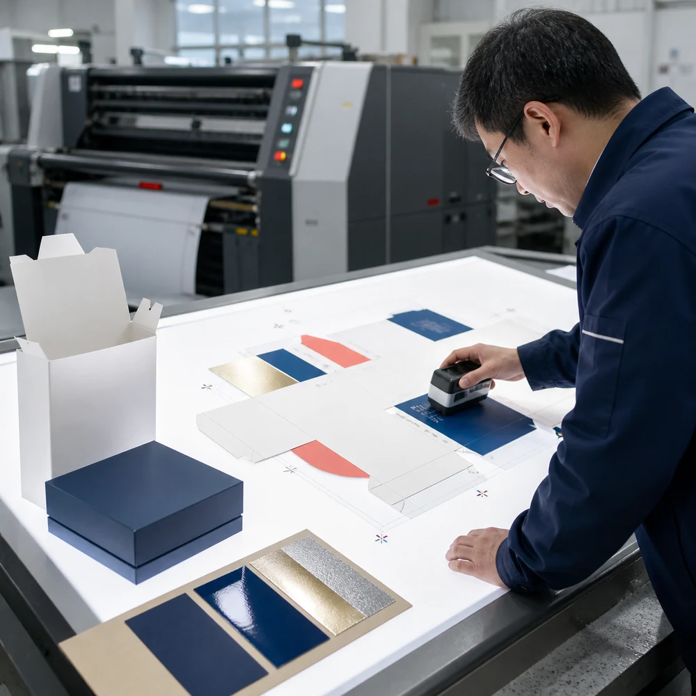 Prepress specialist reviewing dieline overlays on a calibrated monitor
