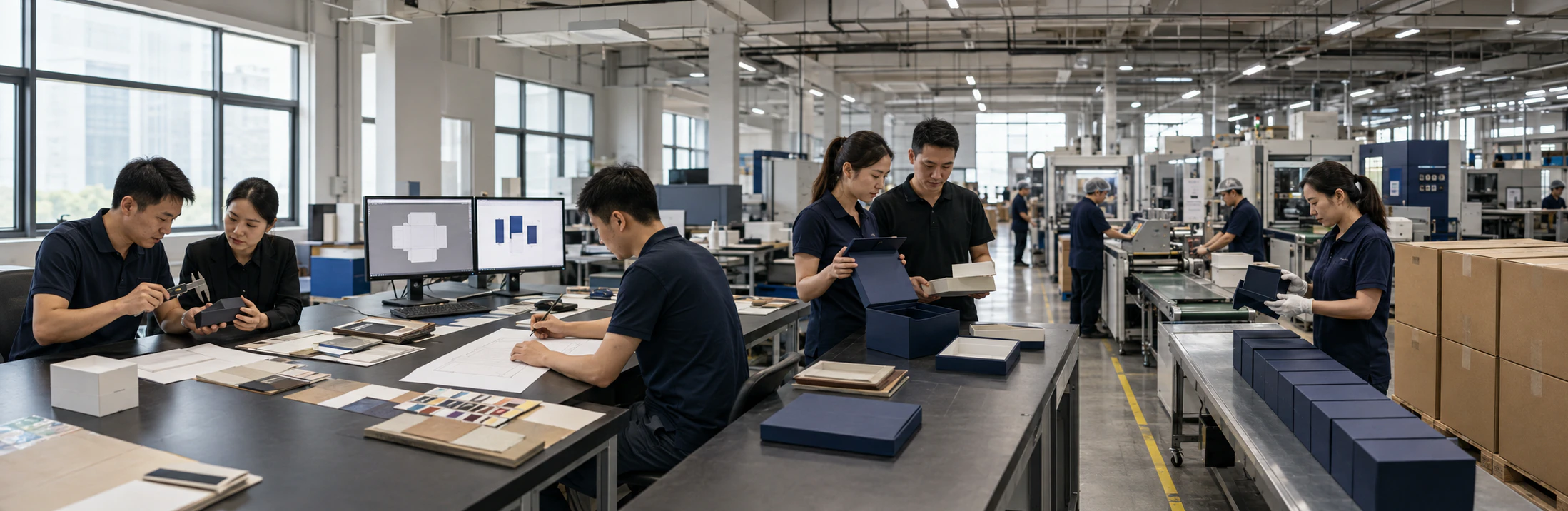 Project managers and engineers reviewing a packaging workflow chart