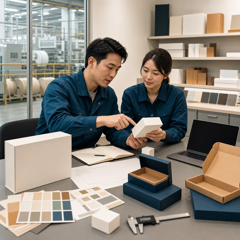 Packaging specialist reviewing structural samples on the factory floor