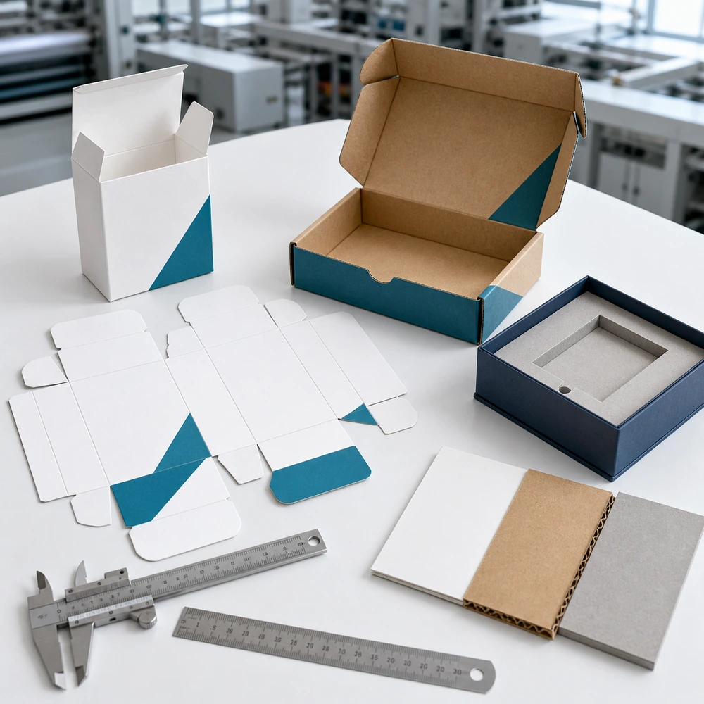 Engineers reviewing structural paper packaging dielines in a factory setting