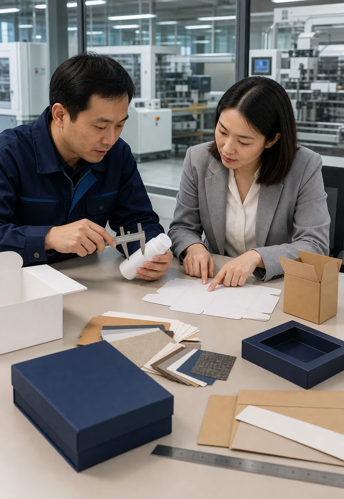 Packaging specialist reviewing a structural sample beside production line