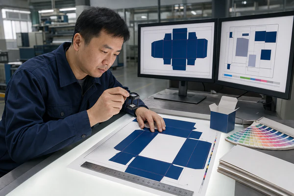 Prepress specialist reviewing digital dielines on dual monitors