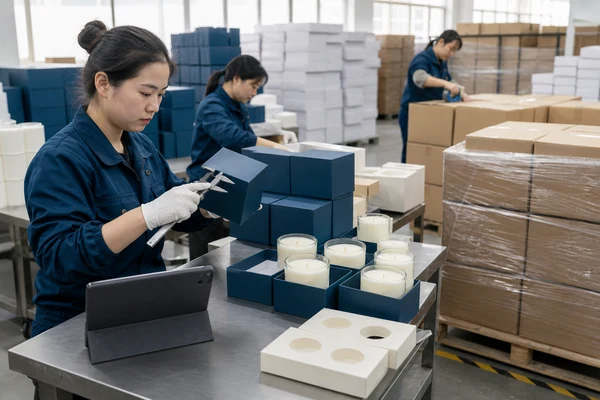 Workers assembling rigid boxes on production line