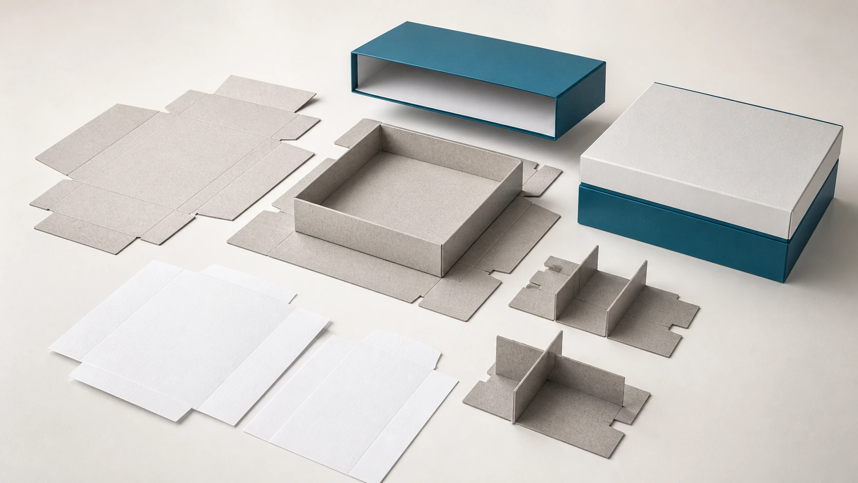 Rigid box component layout showing base, lid, and paper wrap