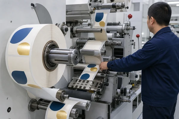 Large rolls of printed labels ready for machine application