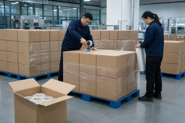 Secure export packing of finished labels in double-wall cartons